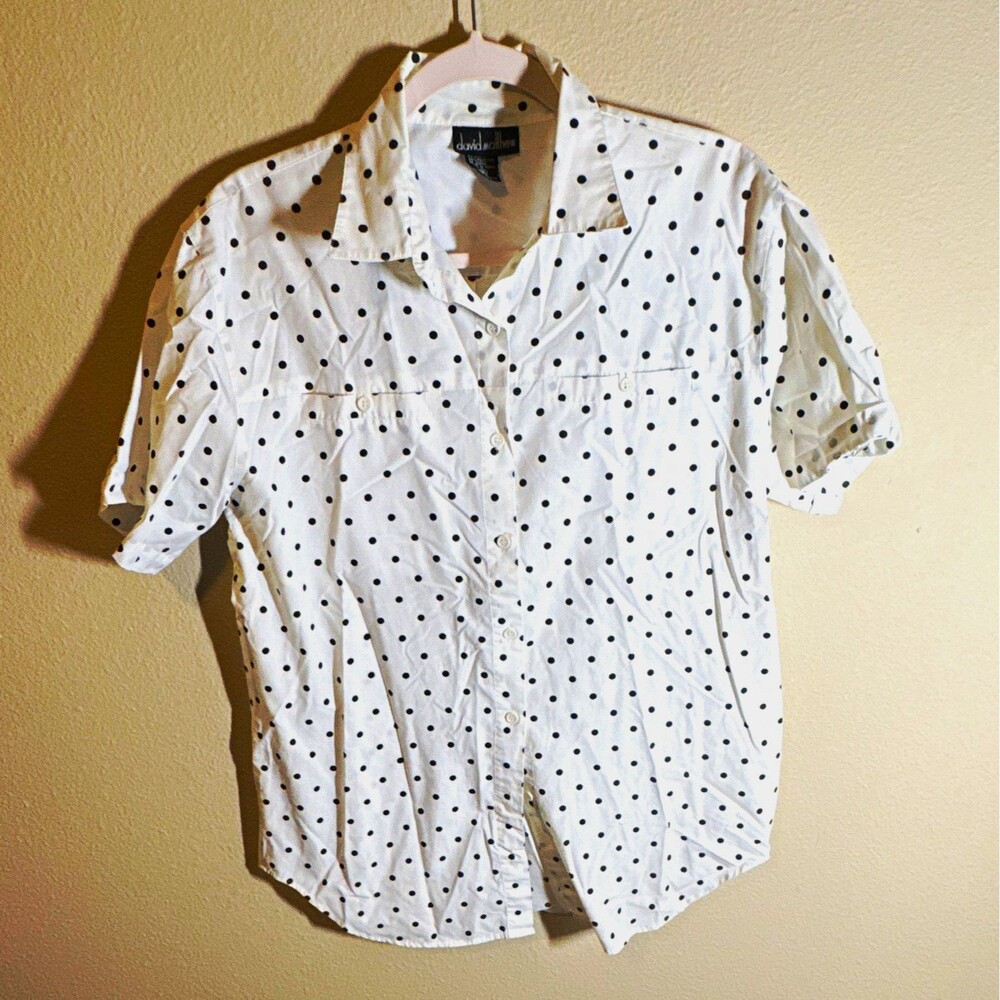 David Matthew Women’s Polka Dot Button-Up Shirt Short Sleeve White/Black Size 8
